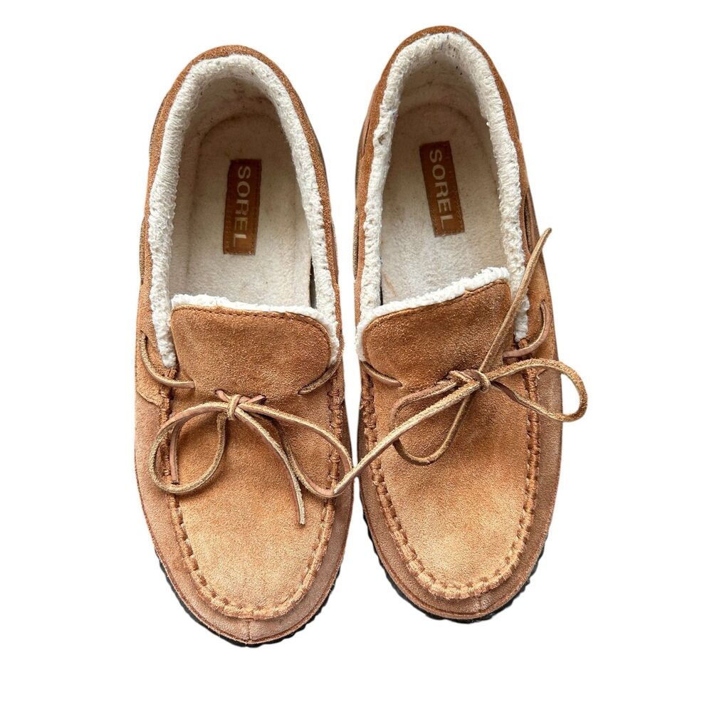 Sorel Suede Moccasin Slippers Men’s Size 9 Brown Sherpa Lined Lace Up Comfort
